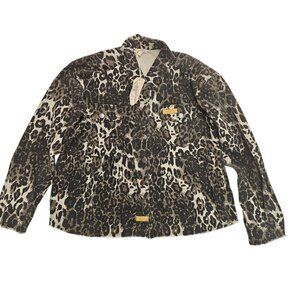 Mystree Leopard Print Denim Front Button Closure Jacket